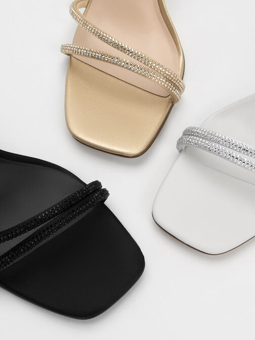 صندل ساتان بكعب غير مستوي مزين بالكريستالات, أسود خشن, hi-res