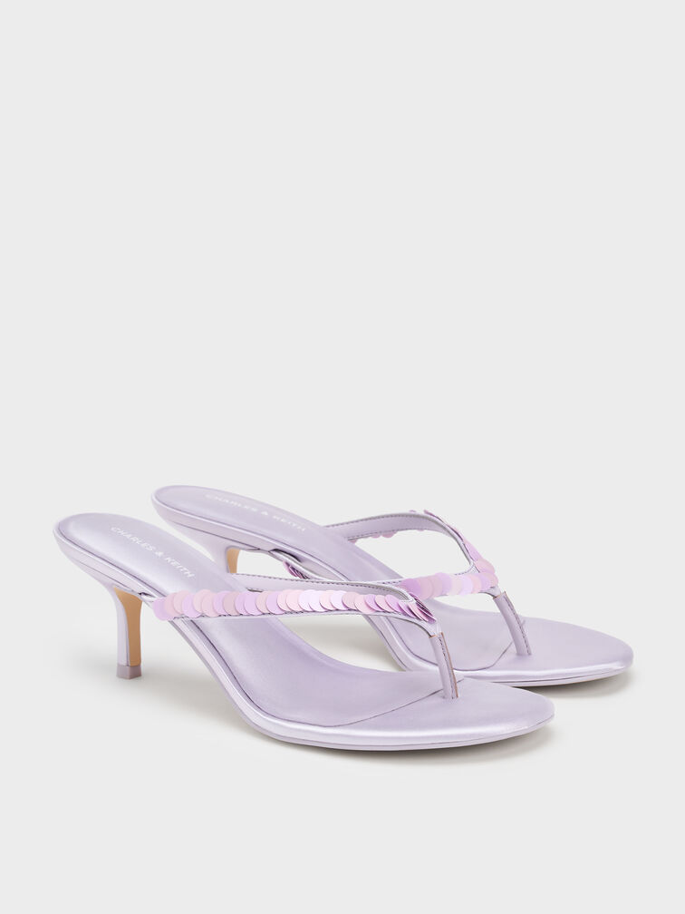 Briella Sequinned Heeled Thong Sandals, Lilac, hi-res