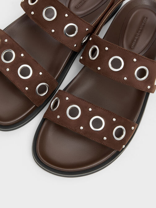 Faux Suede Grommet Slingback Sandals, Dark Brown Textured, hi-res