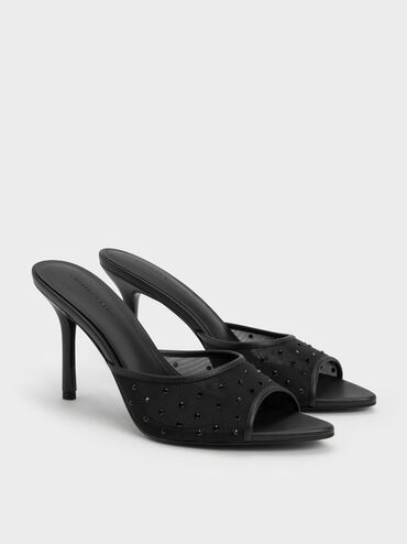 Mesh Crystal Peep-Toe Heeled Mules, Black Textured, hi-res