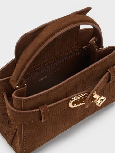 Aubrielle Croc-Effect Belted Top Handle Bag, Chocolate, hi-res