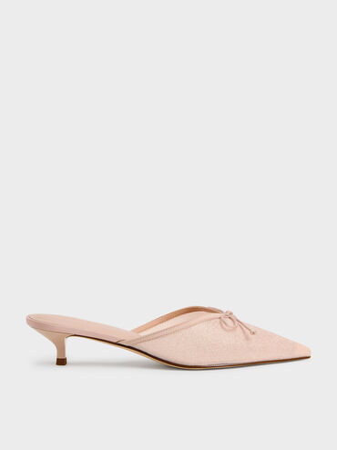 Glittered Mesh Bow Kitten Heels, Pink, hi-res