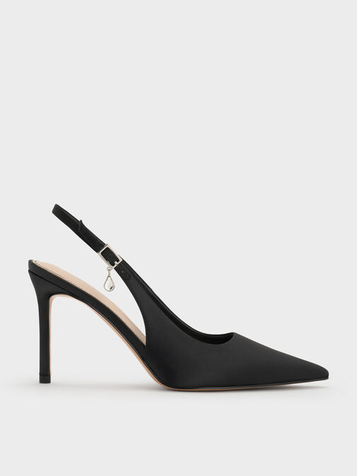 Teardrop-Crystal Pointed Slingback Pumps, Black Textured, hi-res