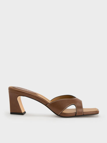 Cut-Out Square-Toe Heeled Mules, Cognac, hi-res