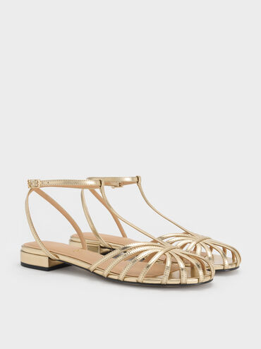 Jaylene Metallic Leather Caged Sandals, Gold, hi-res