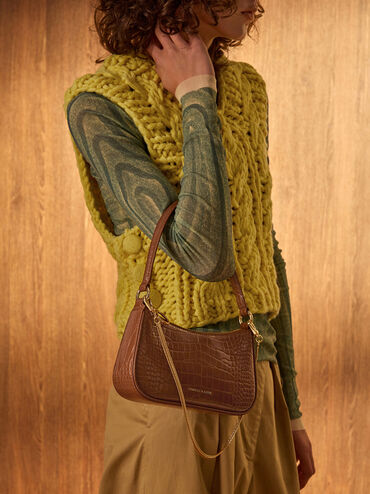 Elspeth Croc-Effect Shoulder Bag, Chocolate Croco, hi-res