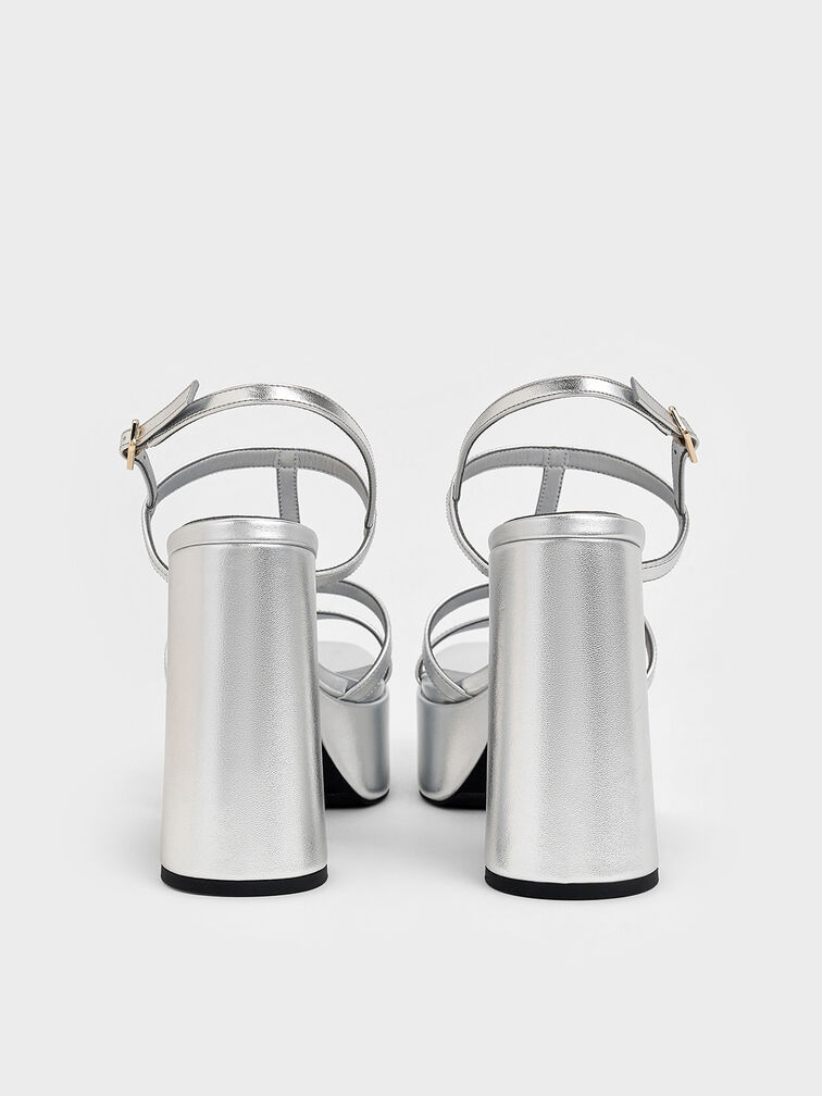 Metallic T-Bar Strappy Platform Sandals, Silver, hi-res
