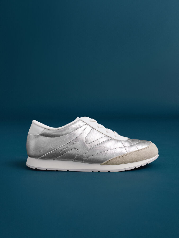 Girls' Faux Suede Metallic Sneakers, Silver, hi-res