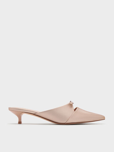 Crystal-Buckle Pointed-Toe Kitten-Heel Mules, Nude, hi-res