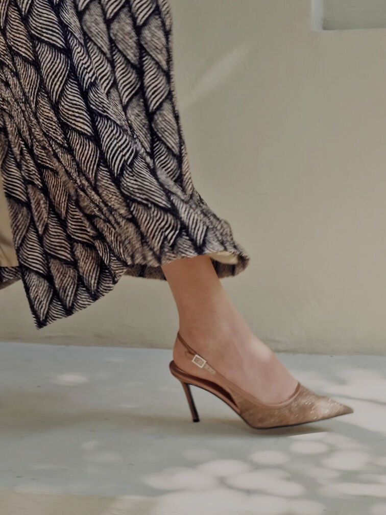 حذاء كعب عالي مدبب من القماش الشبكي اللامع, بني, hi-res