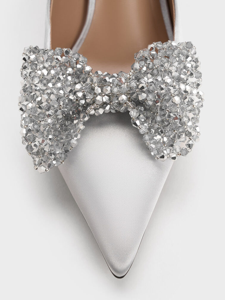 Beaded Bow Pumps, Silver, hi-res