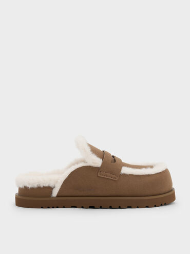 Furry Flatform Mules, Brown, hi-res