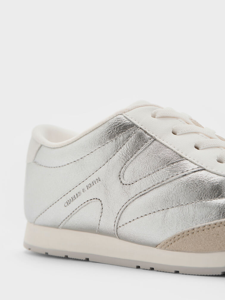 Girls' Faux Suede Metallic Sneakers, Silver, hi-res