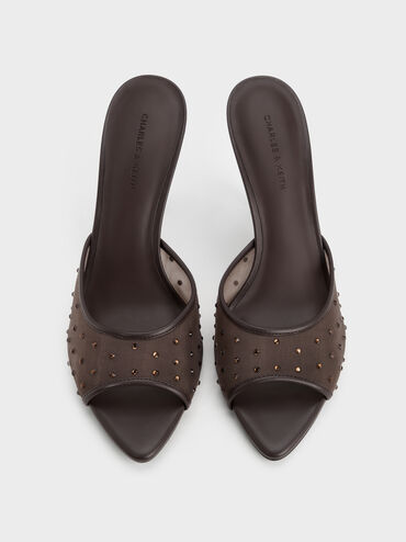 Mesh Crystal Peep-Toe Heeled Mules, Dark Brown Textured, hi-res