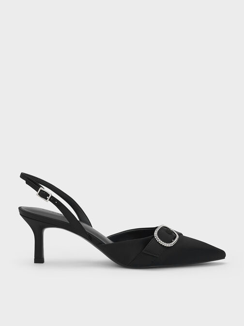 Jannie Recycled Polyester Crystal-Buckle Slingback Pumps, Black Textured, hi-res