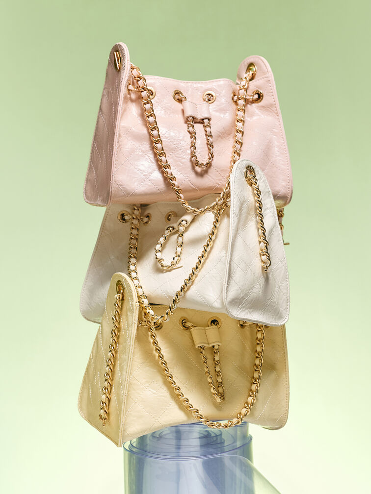 Duo Quilted Drawstring Bucket Bag, Soft Pink, hi-res