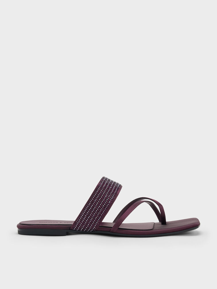 صندل ساتانكروس أوفر مزين بالكريستالات مع حلقة إصبع, برغندي, hi-res