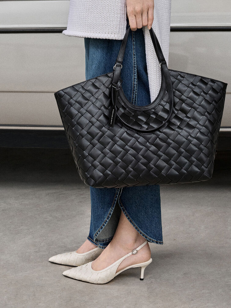 Ivette Woven Pointed-Toe Slingback Pumps, Chalk, hi-res