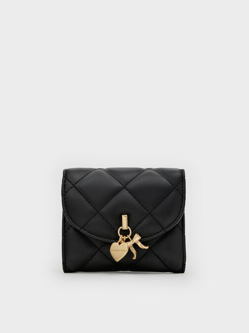 Arrietty Quilted Curved-Flap Wallet, Black, hi-res