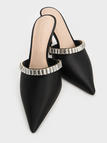 Satin Crystal-Embellished Pointed-Toe Heeled Mules, Black Textured, hi-res