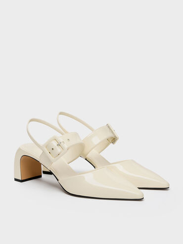 Patent Buckled Pointed Slingback Pumps, Butter, hi-res