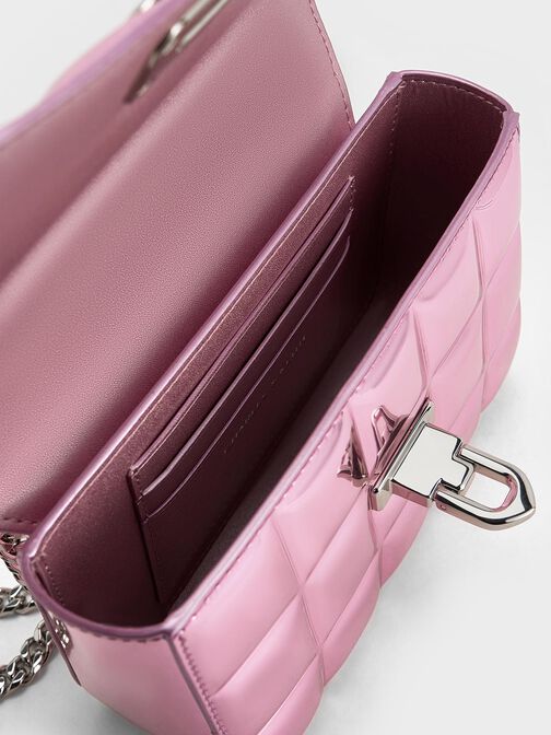 حقيبة مبطنة بنمط مربعات ومقبض على شكل سلسلة ولون معدني, وردي, hi-res