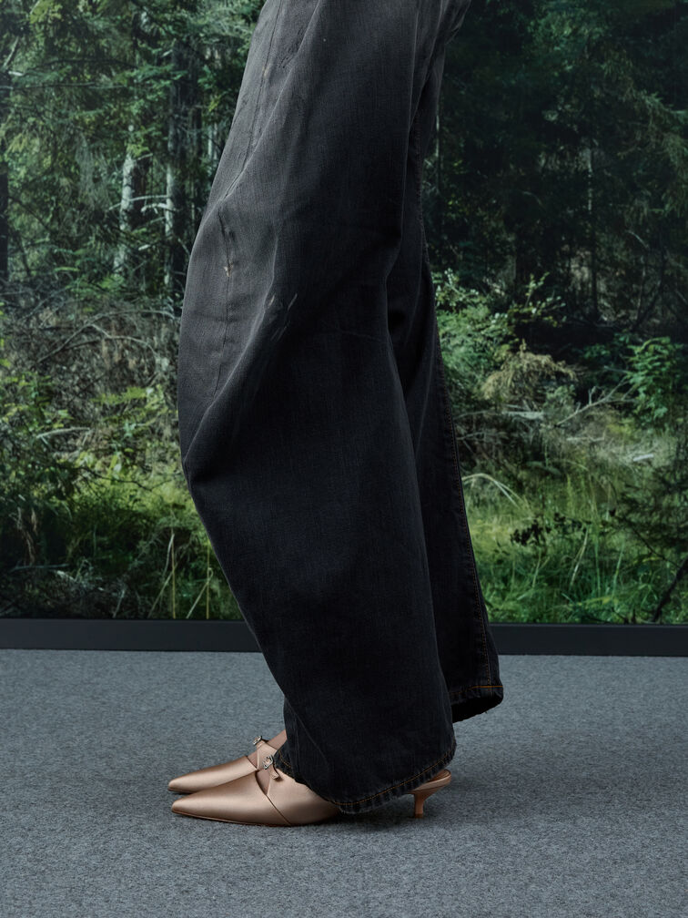 Crystal-Buckle Pointed-Toe Kitten-Heel Mules, Nude, hi-res