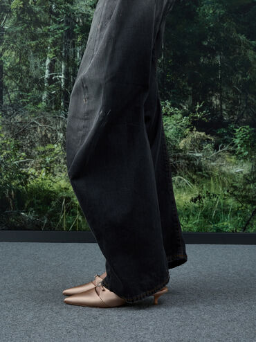 Crystal-Buckle Pointed-Toe Kitten-Heel Mules, Nude, hi-res