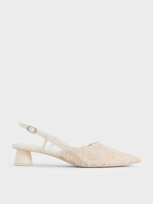 Meja Floral-Crochet Slingback Pumps, White, hi-res