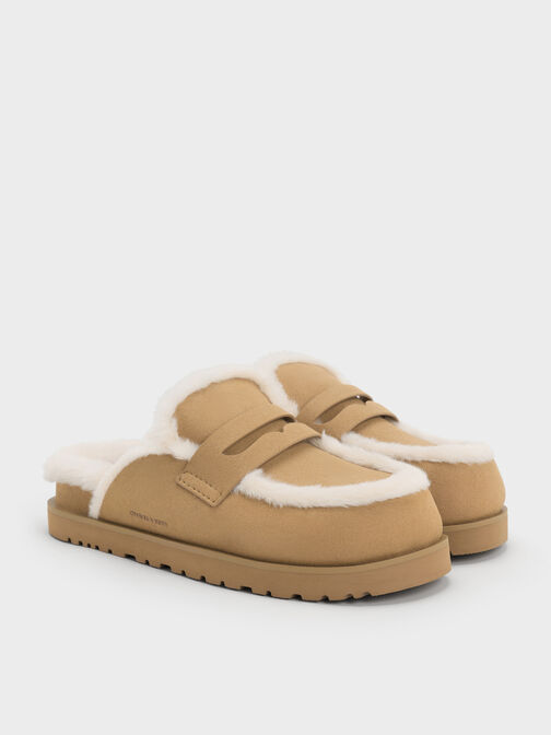 Furry Flatform Mules, Sand, hi-res