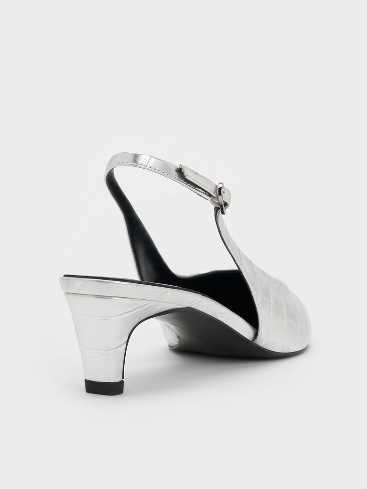 حذاء مفتوح من الخلف بكعب القطة ومقدمة مدببة ونقشة جلد التمساح, Animal Print Silver, hi-res
