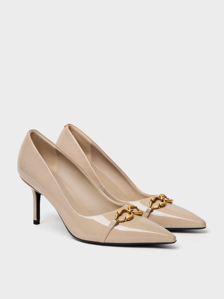 Patent Metallic-Buckle Pointed Pumps, Nude, hi-res