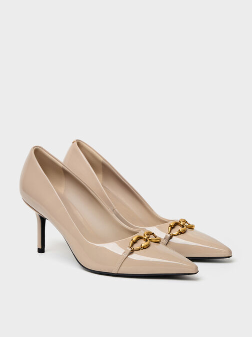 Patent Metallic-Buckle Pointed Pumps, Nude, hi-res