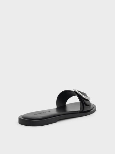 Buckle-Strap Slide Sandals, Black Boxed, hi-res