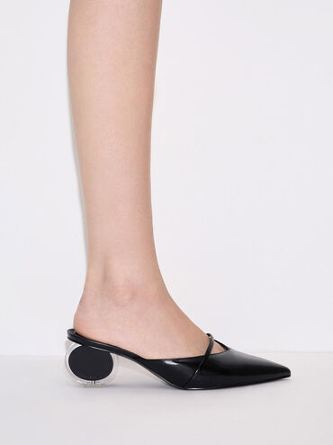 Crinkle-Effect Sculptural-Heel Pointed-Toe Mules, Black, hi-res