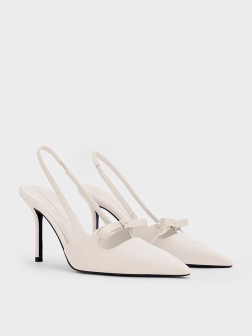 Venetia Satin Bow Pointed Slingback Pumps, Light Grey, hi-res