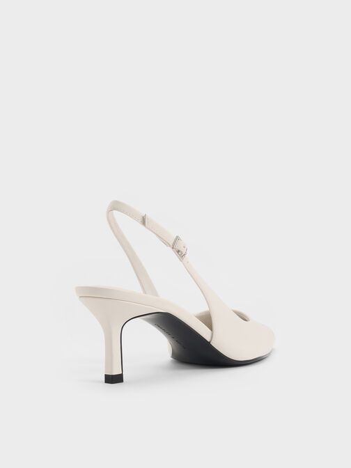 Perforated Rose Pointed-Toe Kitten-Heel Slingback Pumps, Chalk, hi-res