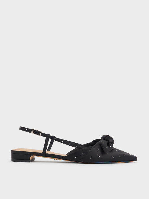 Jayce Dotteed Knot-Bow Slingback Flats, Black Textured, hi-res