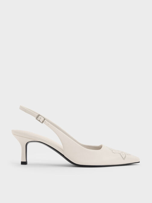 Perforated Rose Pointed-Toe Kitten-Heel Slingback Pumps, Chalk, hi-res