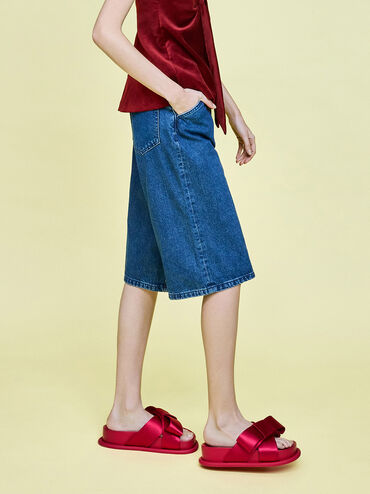 Satin Bow Flatform Sandals, Red, hi-res