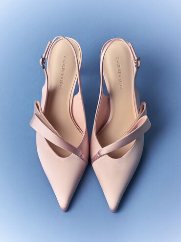 Satin Pleated-Strap Slingback Pumps, Pink, hi-res