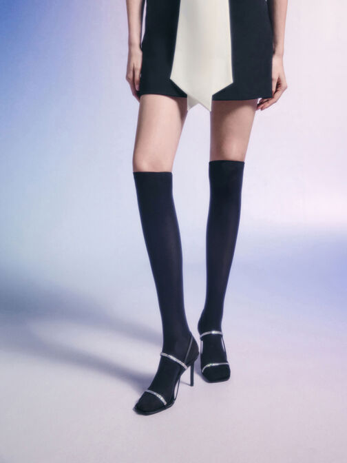 صندل أرونا من الساتان بكعب ستيليتو مرصع بالكريستال, أسود خشن, hi-res