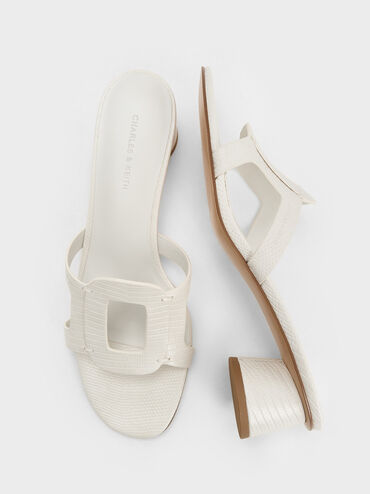 صندل إيزلي بكعب وتصميم مزين بفتحات ونقشة جلد التمساح, أبيض حيواني, hi-res