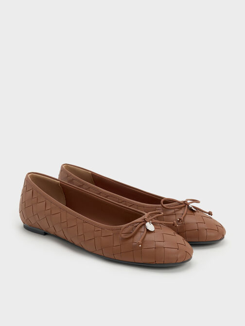 Ivette Woven Bow Ballet Flats, Caramel, hi-res