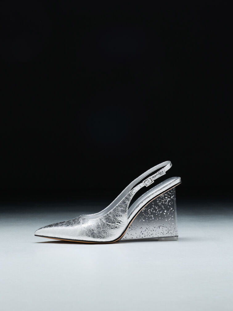 Metallic Speckled-Heel Slingback Wedges, Silver, hi-res