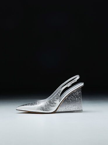 Metallic Speckled-Heel Slingback Wedges, Silver, hi-res