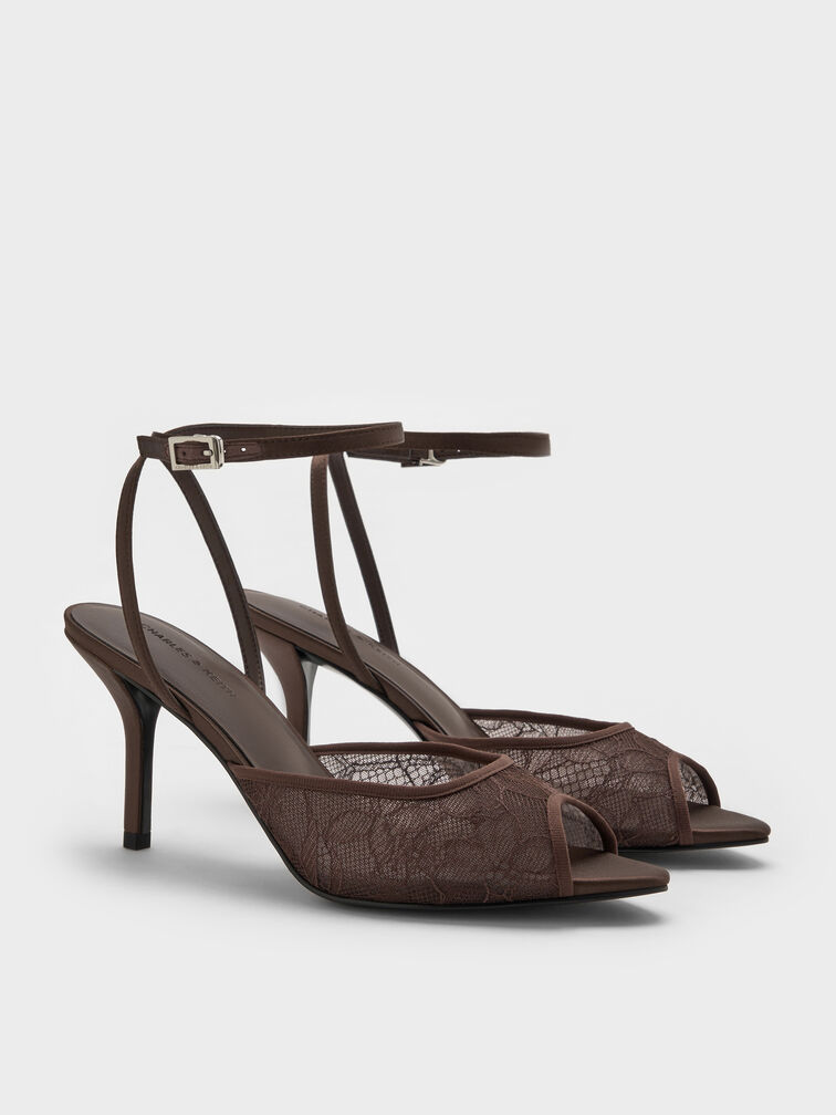 حذاء بكعب عالٍ من الدانتيل والساتان بمقدمة مفتوحة, بني محبّب غامق, hi-res