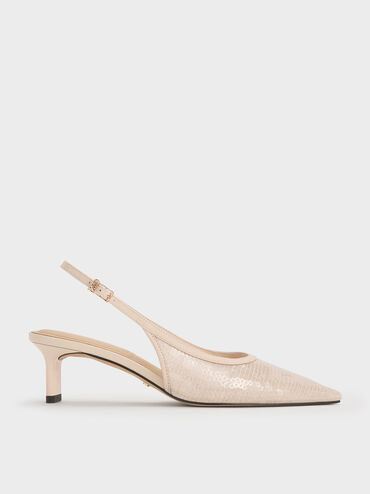 Sequin Mesh & Leather Slingback Kitten Heels, Nude, hi-res