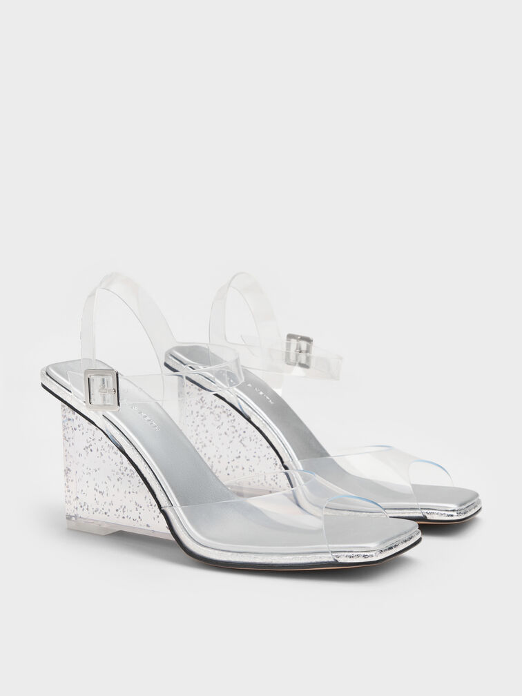 See-Through Speckled-Heel Wedges, White, hi-res