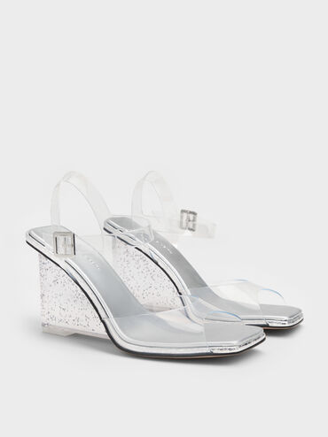 See-Through Speckled-Heel Wedges, White, hi-res